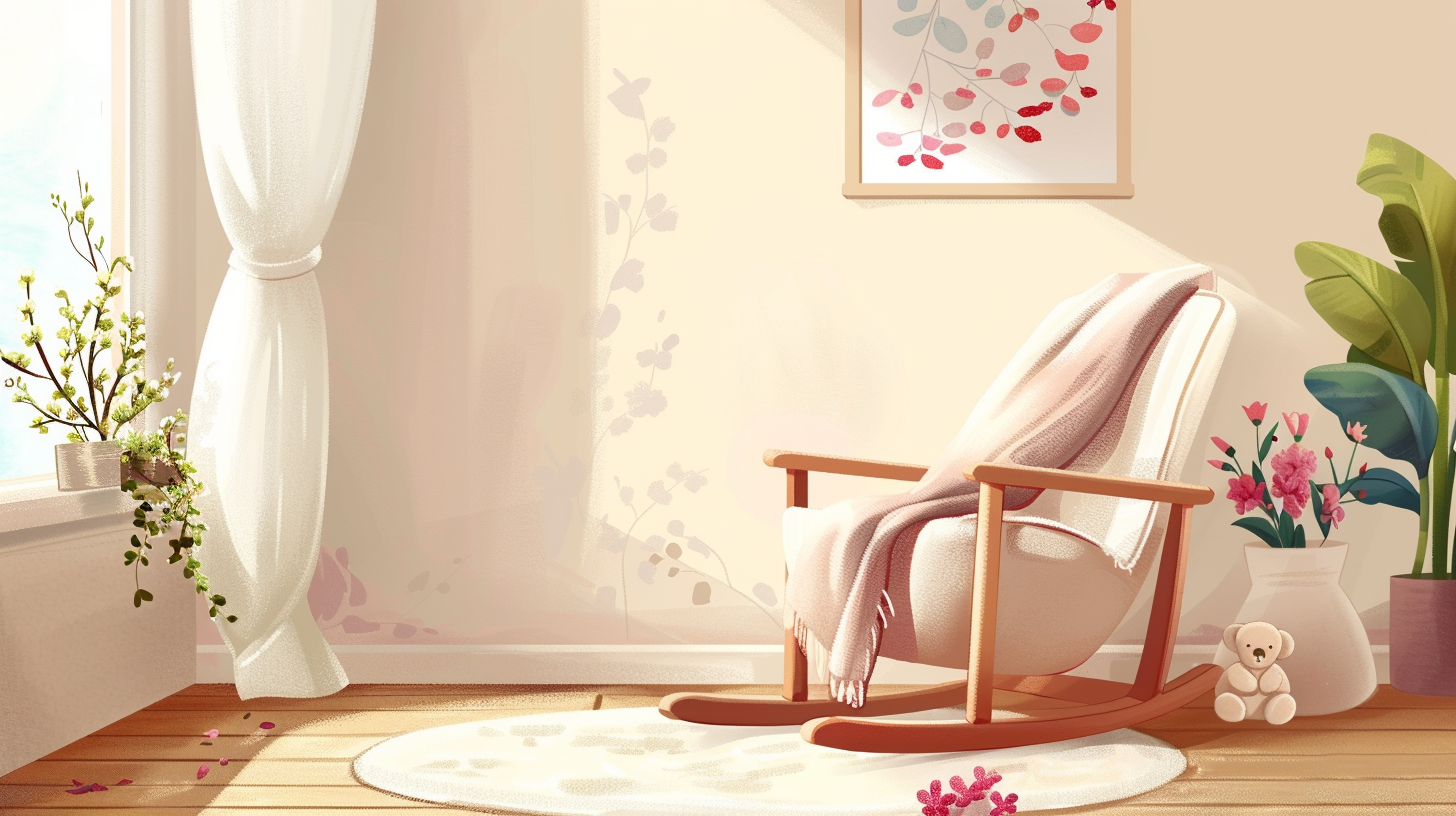 Cozy nursery corner with a rocking chair and a side table holding a hospital-grade breast pump, parenting books, and a motivational quote on motherhood.