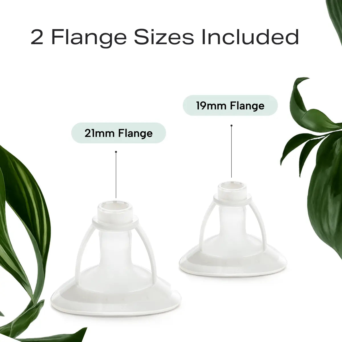 Two breast pump flanges to showing the two different sizes included with the Mother's Nature H1