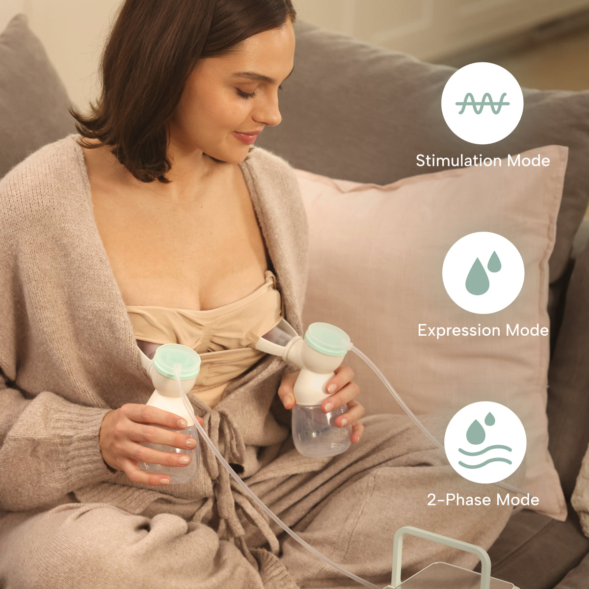Mom using the Mother's Nature H1 Breast Pump and Icons showing the pumping modes