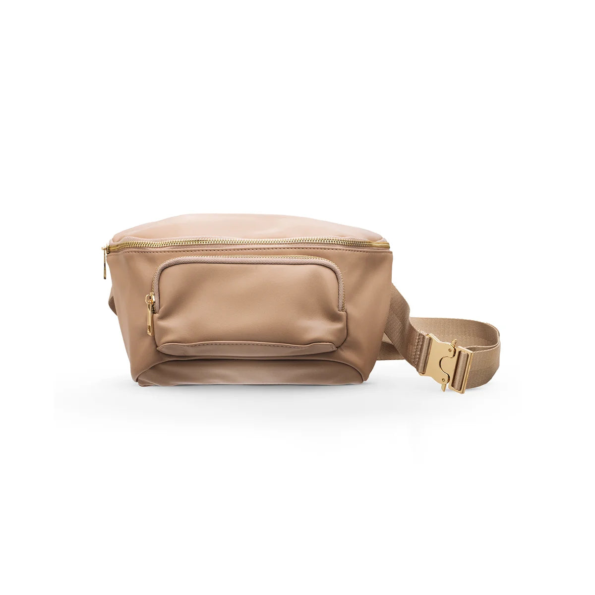 front view of tan cross body bag showing front zipper pockets and strap with gold buckle