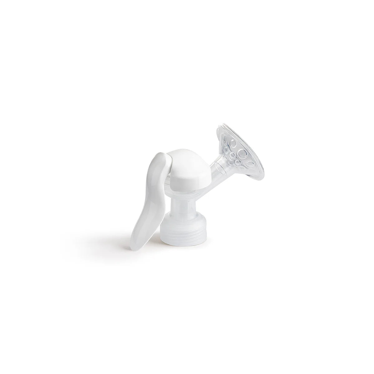 Angled view of manual pump adapter in white on a white background