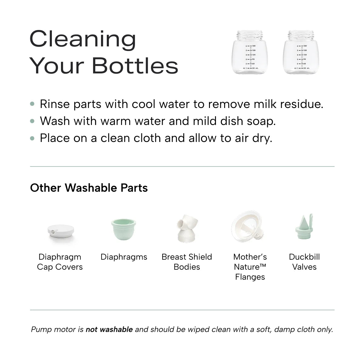 Infographic on how to clean your Zomee milk collection bottles as well as other washable breast pump parts