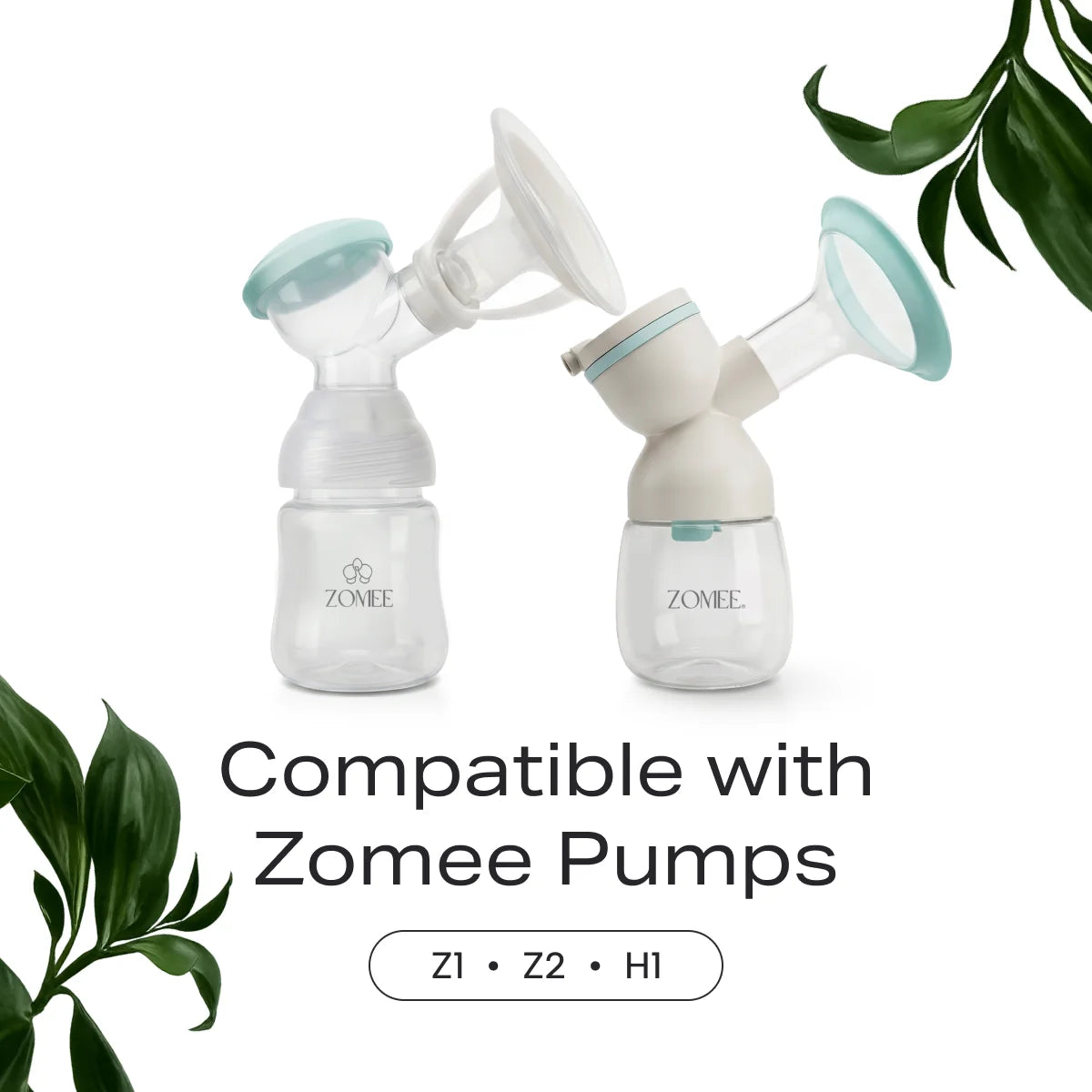 Two different Zomee bottles with different breast shield and flanges attached to show compatibility with all zomee tabletop breast pumps