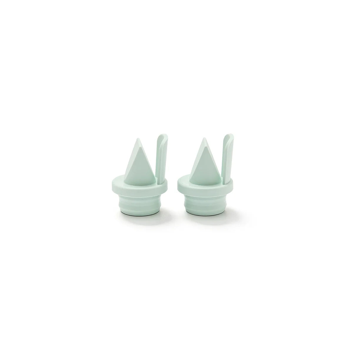 Side view of a pair of two duckbill valves in mint green