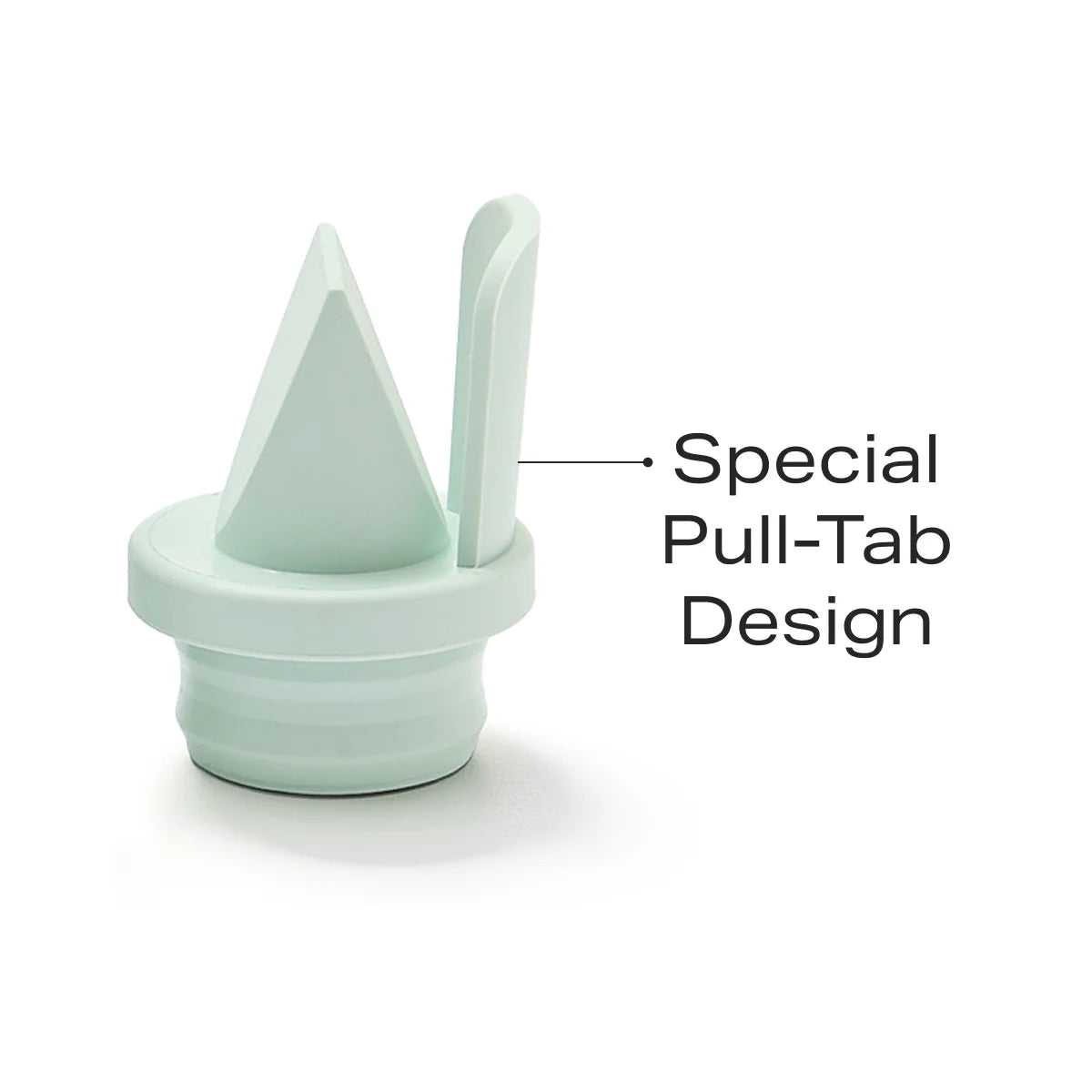 Up close side view of mint green duckbill valve to show special pull-tab design