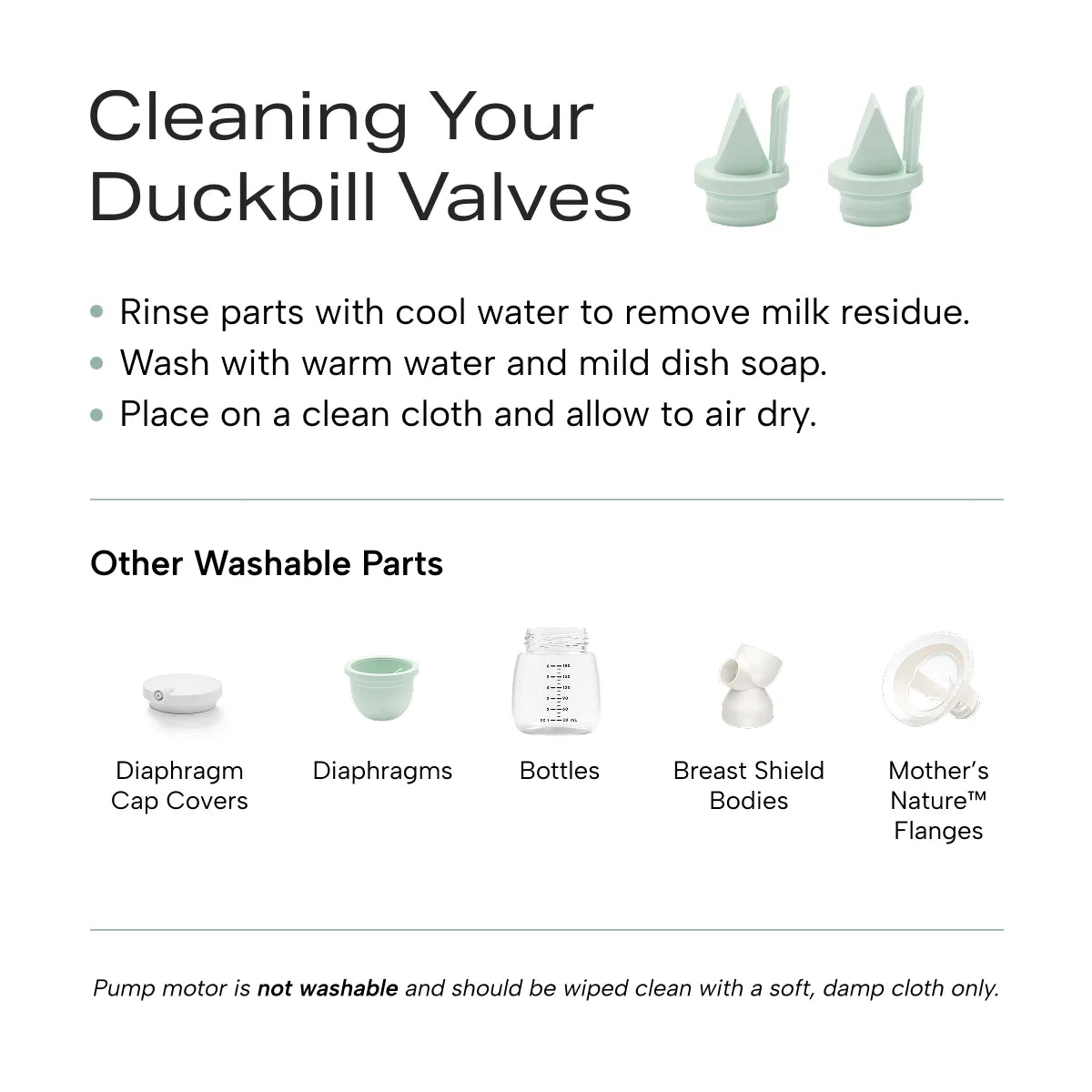 Infographic on how to clean your duckbill valves as well as other washable breast pump parts