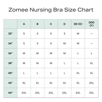 Zomee Puming Bra Size Chart table showing size mappings from A to DDD (F) by cup sizes and bra sizes 32 to 44.