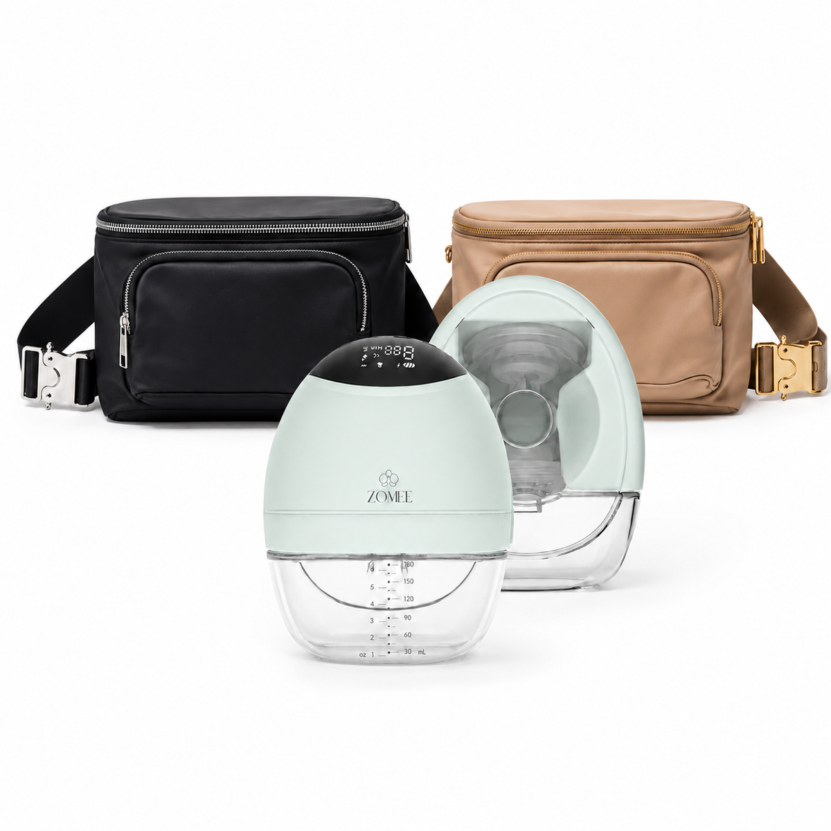 Two breast pump devices in front of two matching carrying bags on a white background.  Ihe bags have a diaper changong pad in the portable travel case