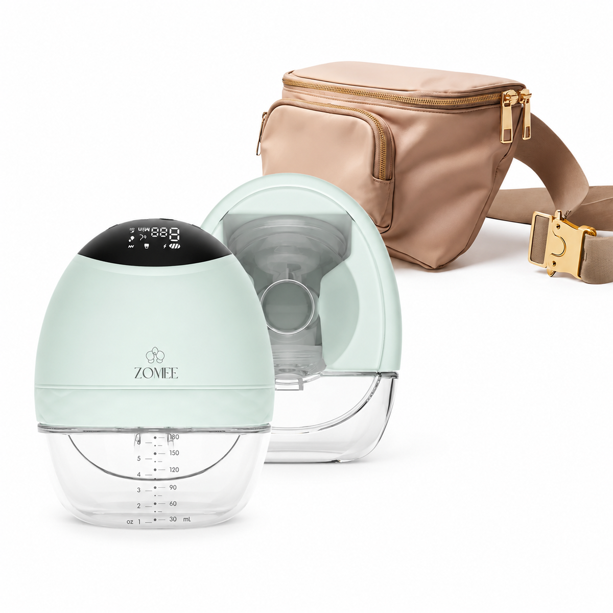 Zomee Fit breast pumps showing front of pump and back of pump with a tan crossbody bag