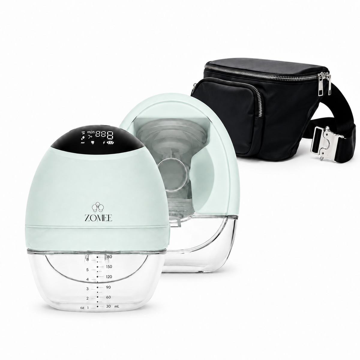 Zomee Fit breast pumps showing front of pump and back of pump with a black crossbody bag