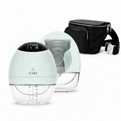 Zomee Fit breast pumps showing front of pump and back of pump with a black crossbody bag