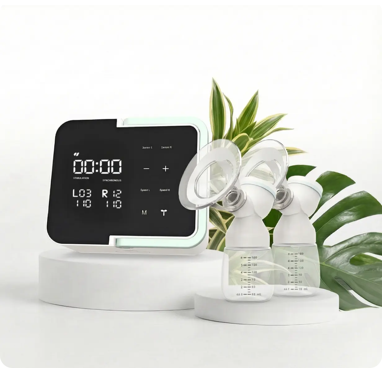 Mother's Nature H1 Breast Pump on a white pedestal and green leaves behind it
