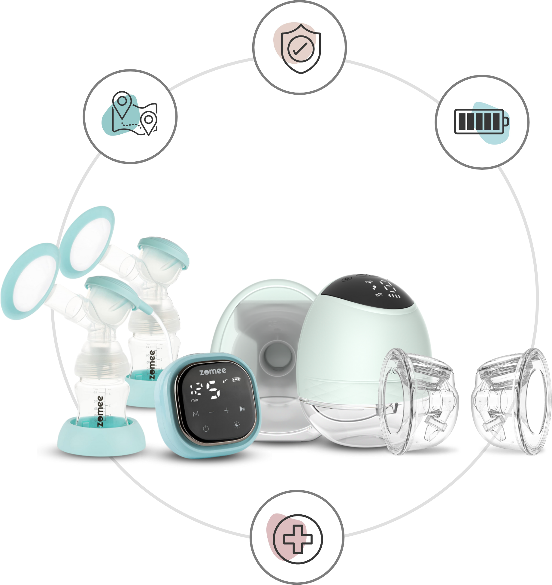 Hands-free Zomee breast pump collection cups with Z2 and Fit models showcasing key features including safety, portability, rechargeable battery, and health plus icon for comfort and efficiency, perfect for busy mothers on-the-go, as seen on Zomee homepage.