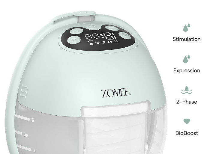 up close zomee mother's nature breast pump showing the 4 modes icons