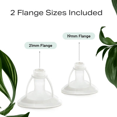 Two breast pump flanges to showing the two different sizes included with the Mother's Nature H1
