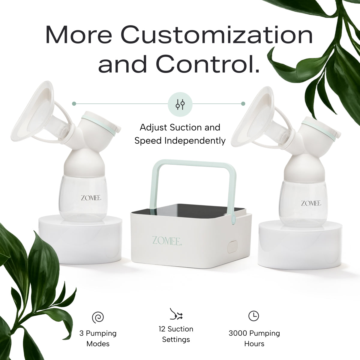 Infographic of the Mother's Nature H1 Breast Pump showing customization and control