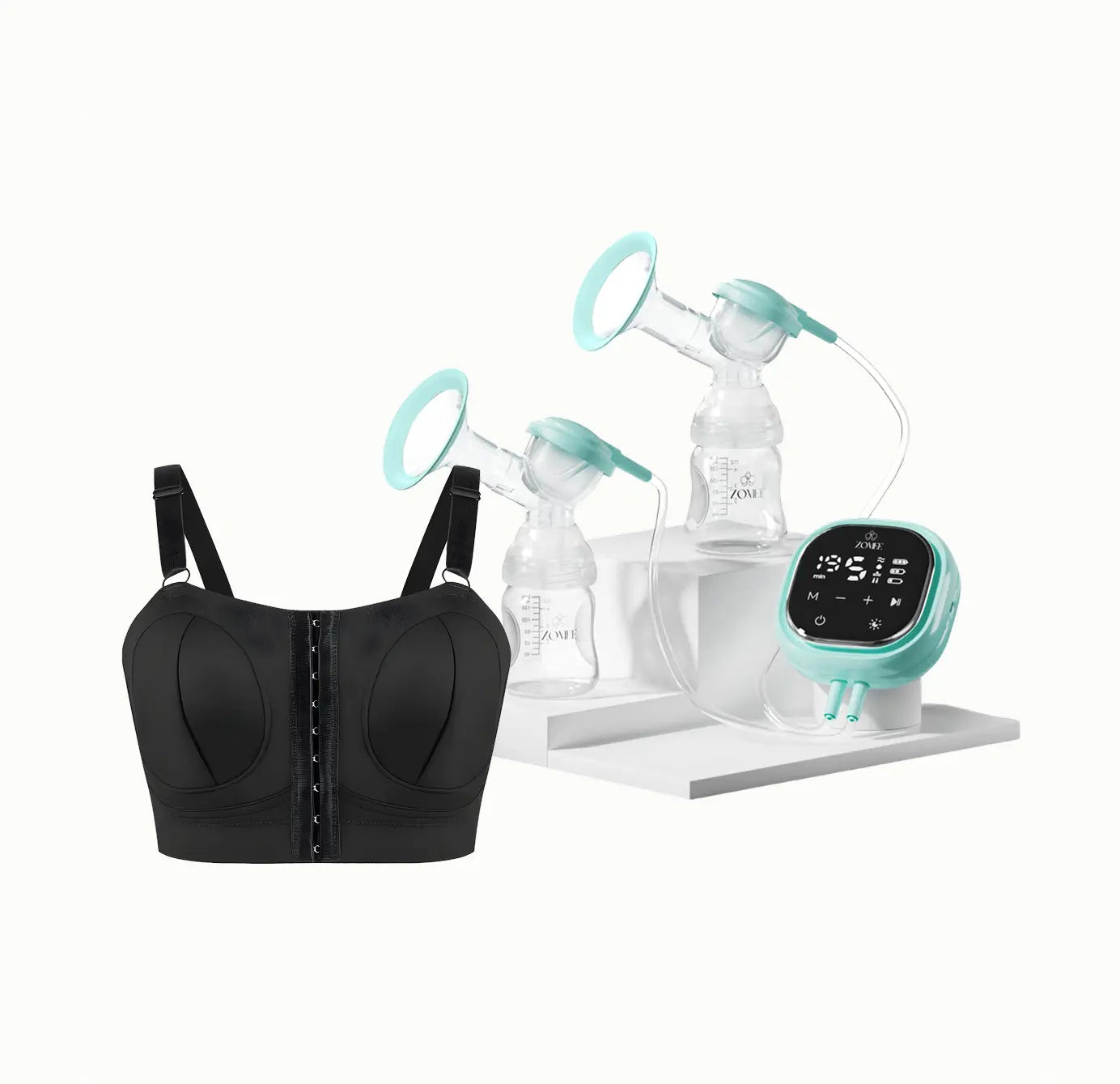 Zomee z 2 breast pump with black pumping bra