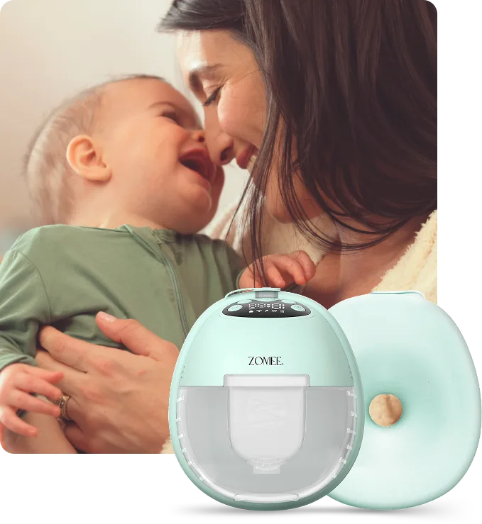 mom and baby having an intimate moment with the Mother’s Nature™ W1 breast pump front and back view