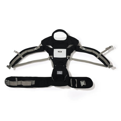 outside open view of the black and grey hands free baby carrier with hip seat