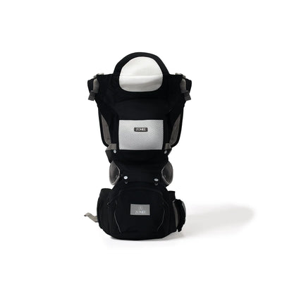front view of the baby carrier with hip seat in black