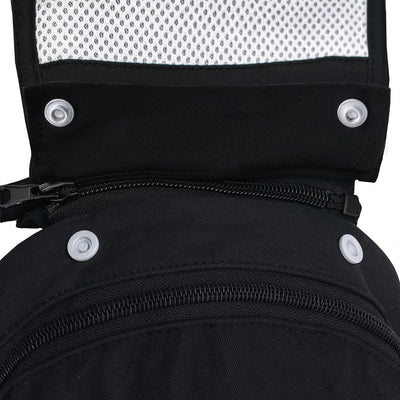 up close view of the zippers and snap buttons on the baby carrier
