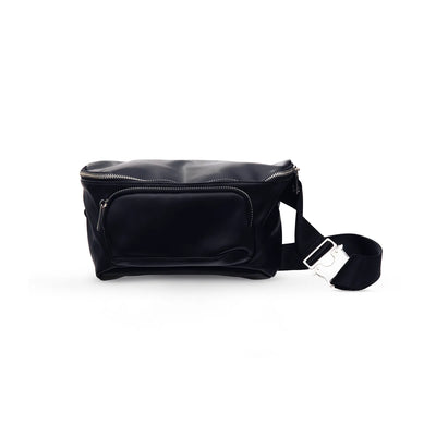 front view of black cross body bag with silver zippers and buckle 