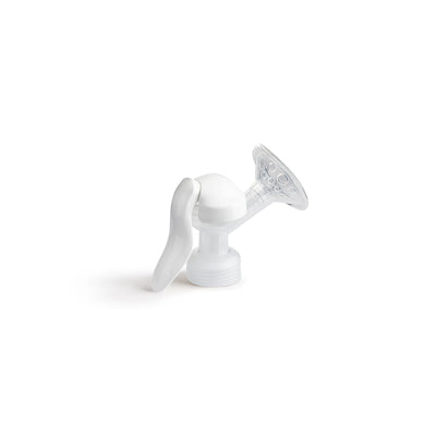 Angled view of manual pump adapter in white on a white background