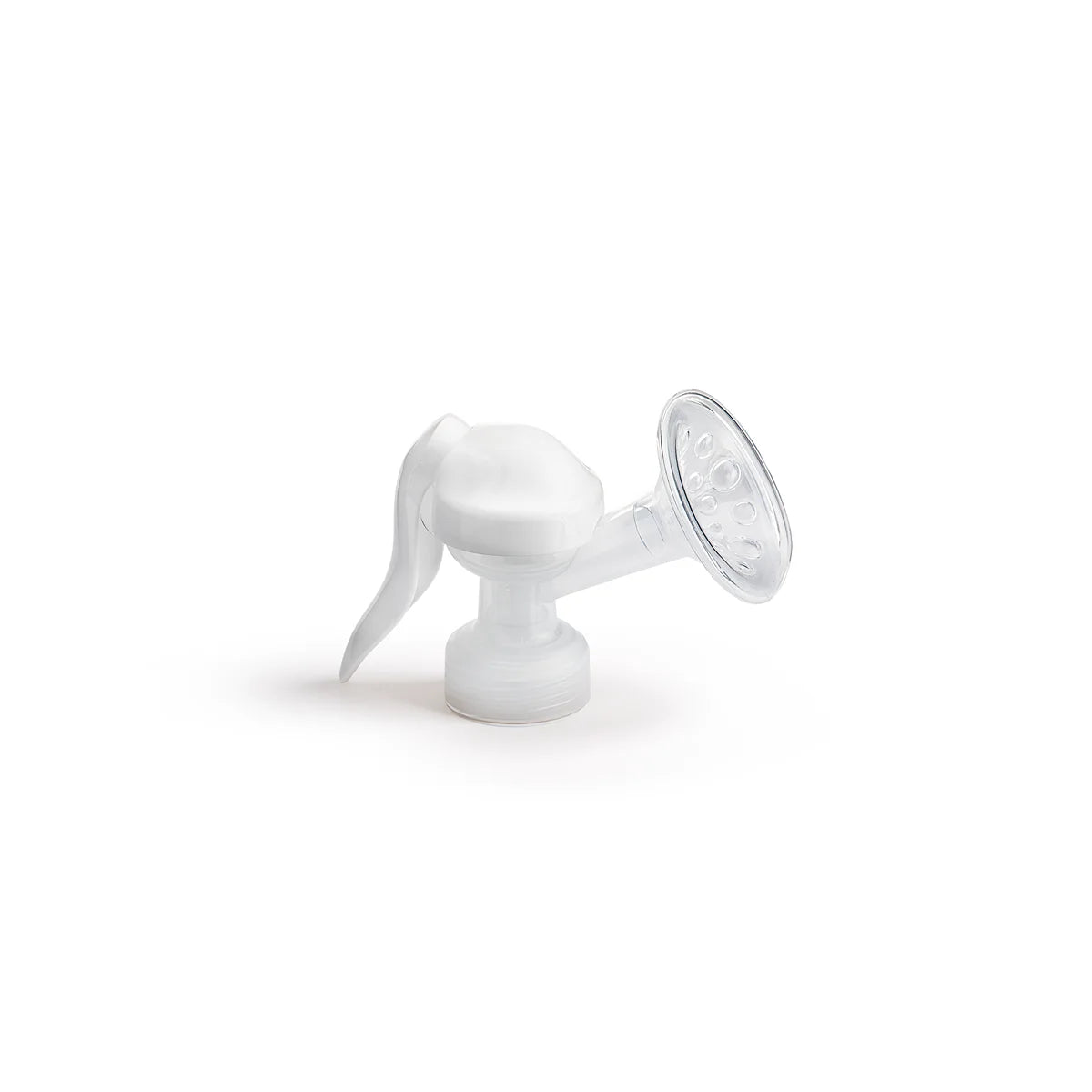 Top-side angled view of manual pump adapter in white on a white background