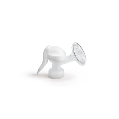 Top-side angled view of manual pump adapter in white on a white background