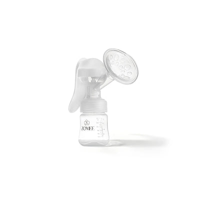 Side-front view of manual pump adapter attached to a Zomee milk bottle showing flange