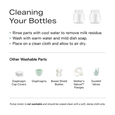 Infographic on how to clean your Zomee milk collection bottles as well as other washable breast pump parts