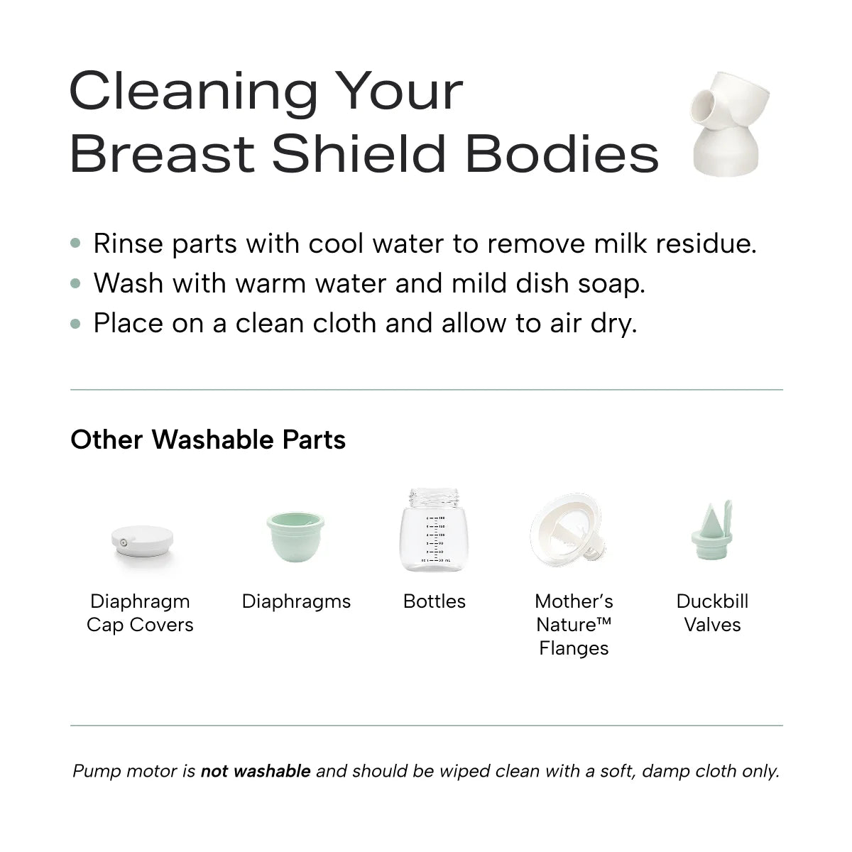 Infographic on cleaning your breast shield body as well as other washable breast pump parts