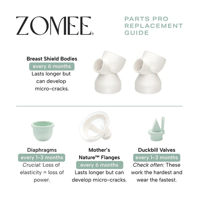 Infographic replacement guide on breast shield bodies as well as diaphragms, mother's nature flanges and duckbill valves