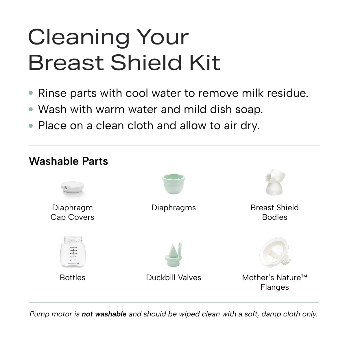 Infographic on cleaning your breast shield kit and all its washable breast pump parts