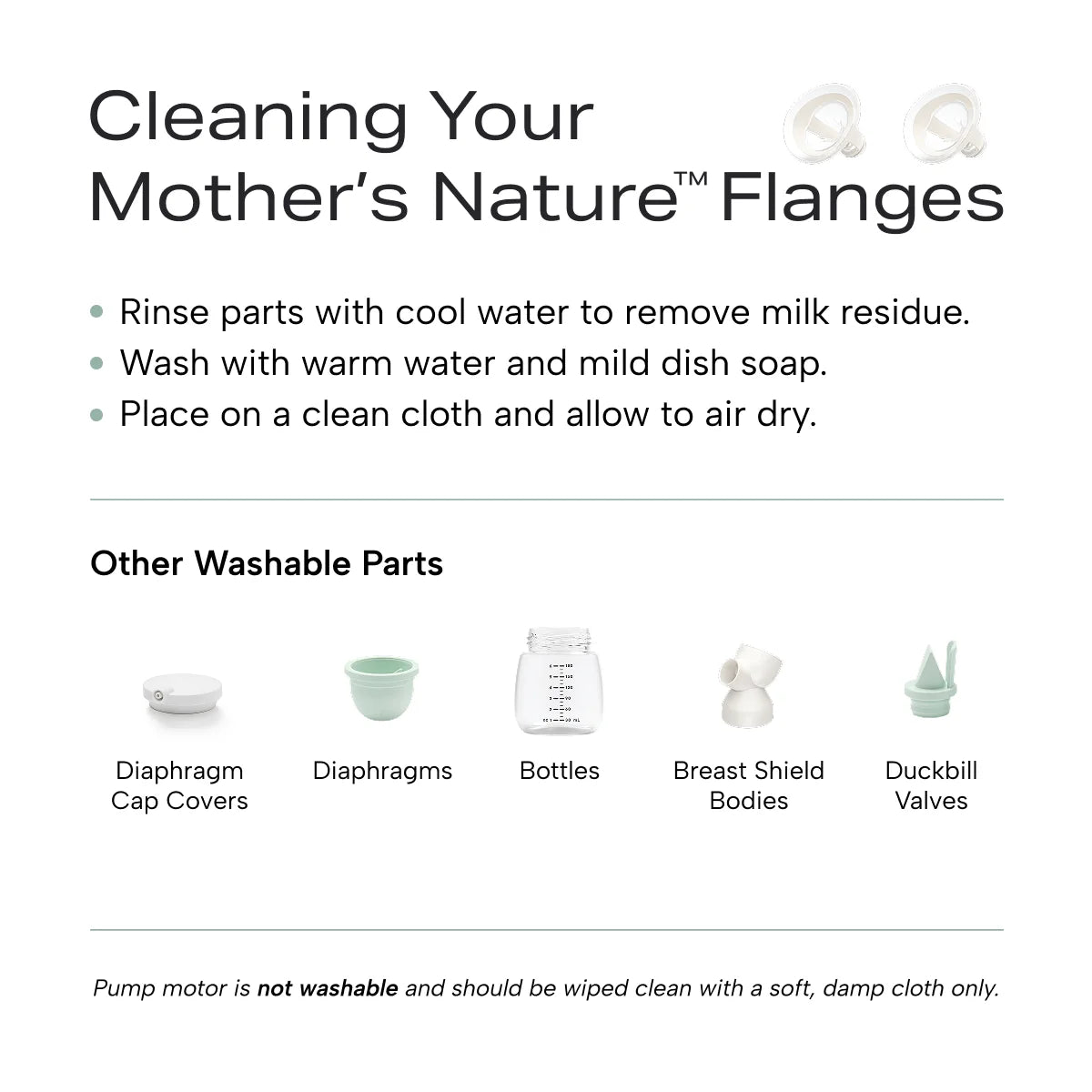 Infographic on cleaning your mother's nature flanges as well as other washable pump parts