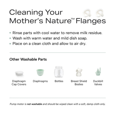 Infographic on cleaning your mother's nature flanges as well as other washable pump parts