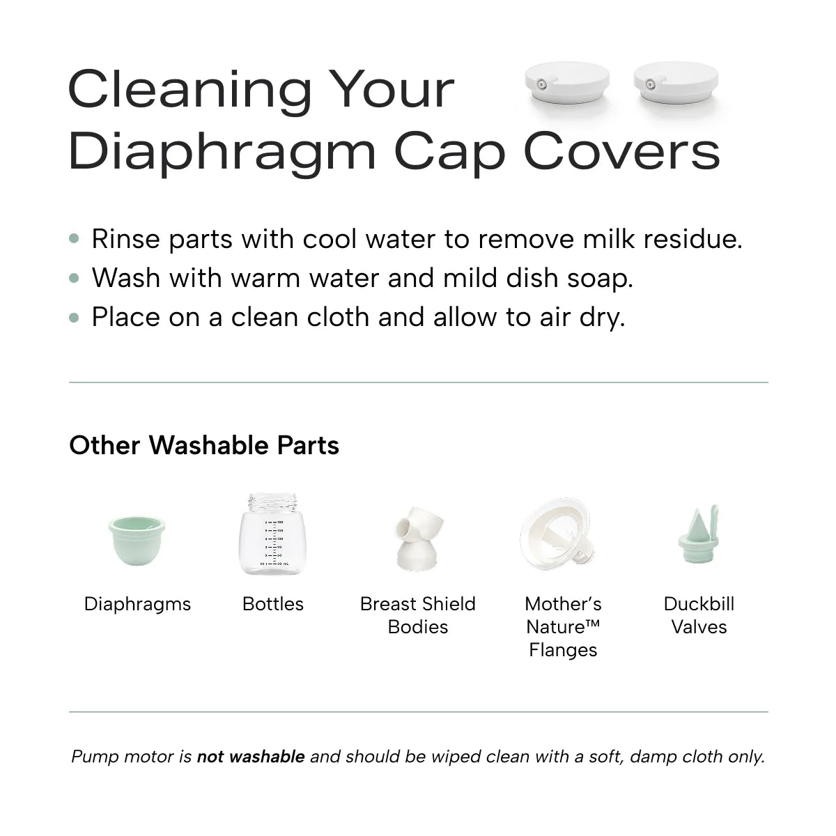 Infographic on how to clean your diaphragm cap covers as well as other washable pump parts