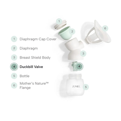 Exploded view of mother's nature breast shield skit to show the duckbill valve placement 
