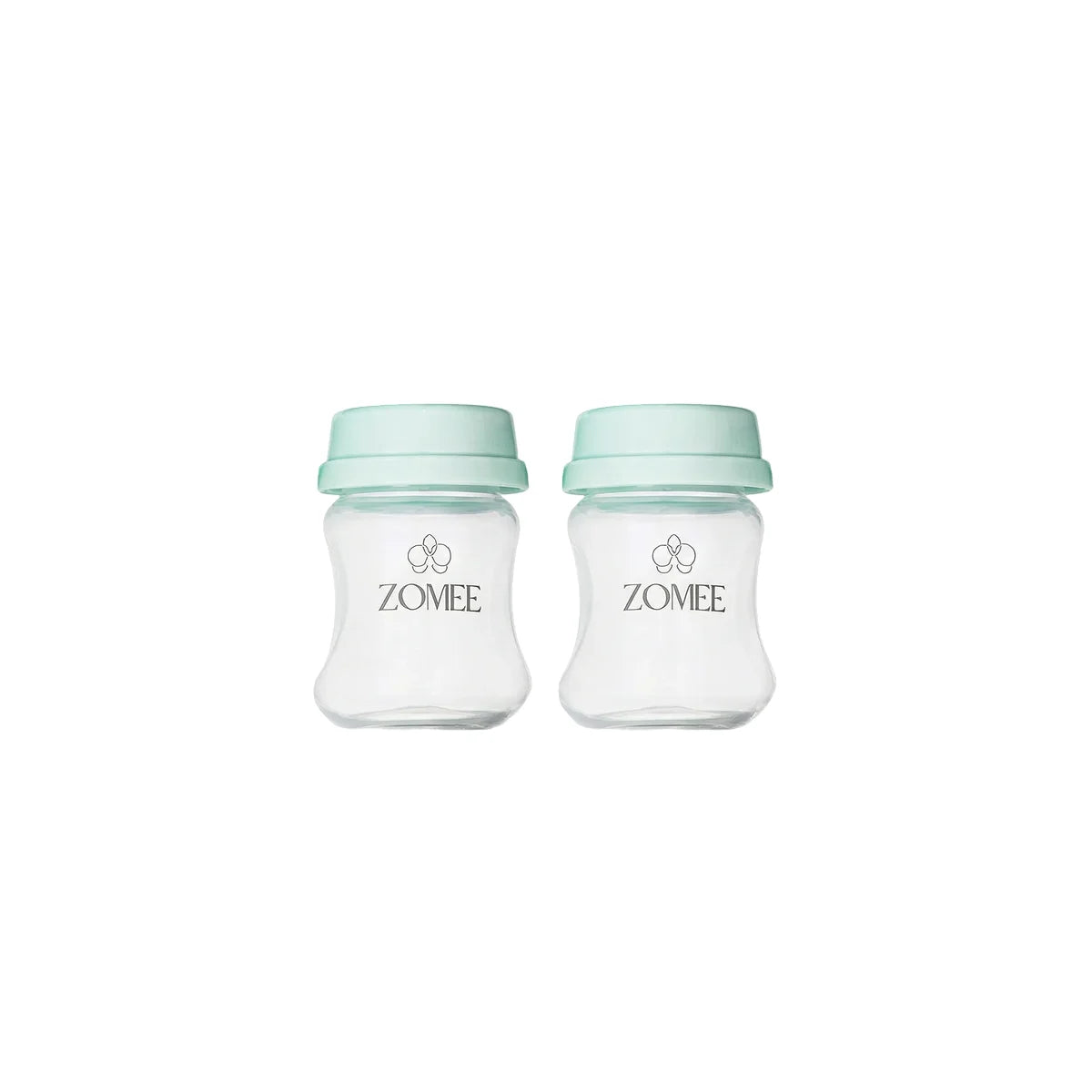 Two Zomee BPA-free storage bottles side-by-side with green leak-proof caps