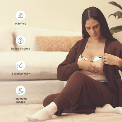 Woman putting on the Zomee Mother's Nature W1 breast pumps while displaying icon graphics of the pumps features