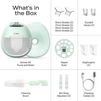 Zomee Mother's Nature W1 breast pump Whats in the Box graphic