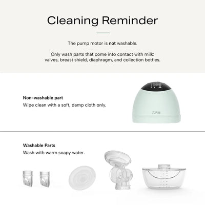 Zomee Fit cleaning reminder infographic that explains can and cannot be washed