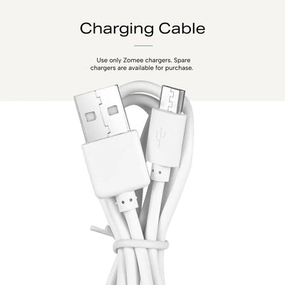 Zomee Fit charging cable infographic showing an enlarged image of the charging cable and a notice to only use Zomee chargers on Zomee pumps