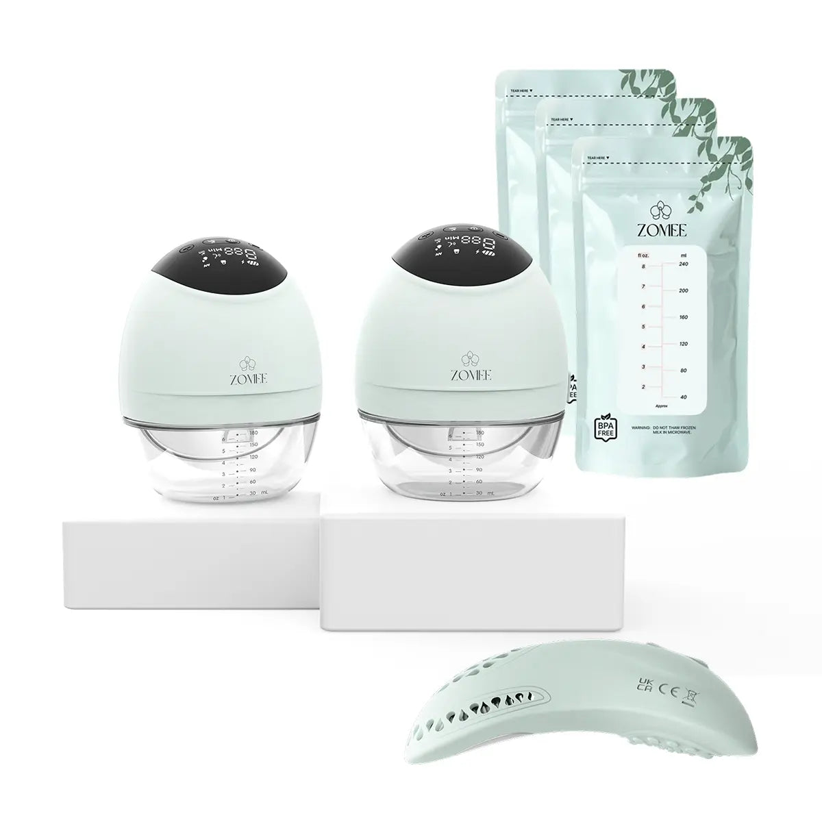 Zomee Fit Hands-Free Breast Pump with lactation massager and milk three storage bags 