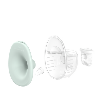 detached Mother's Nature W1 wearable breast pump showing the breast shield, milk collector, diaphragm and duckbill valve  